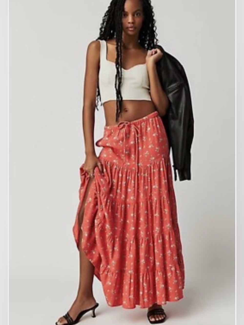 Free People Nova Tiered Floral Maxi Skirt Coral Size Medium NWOT